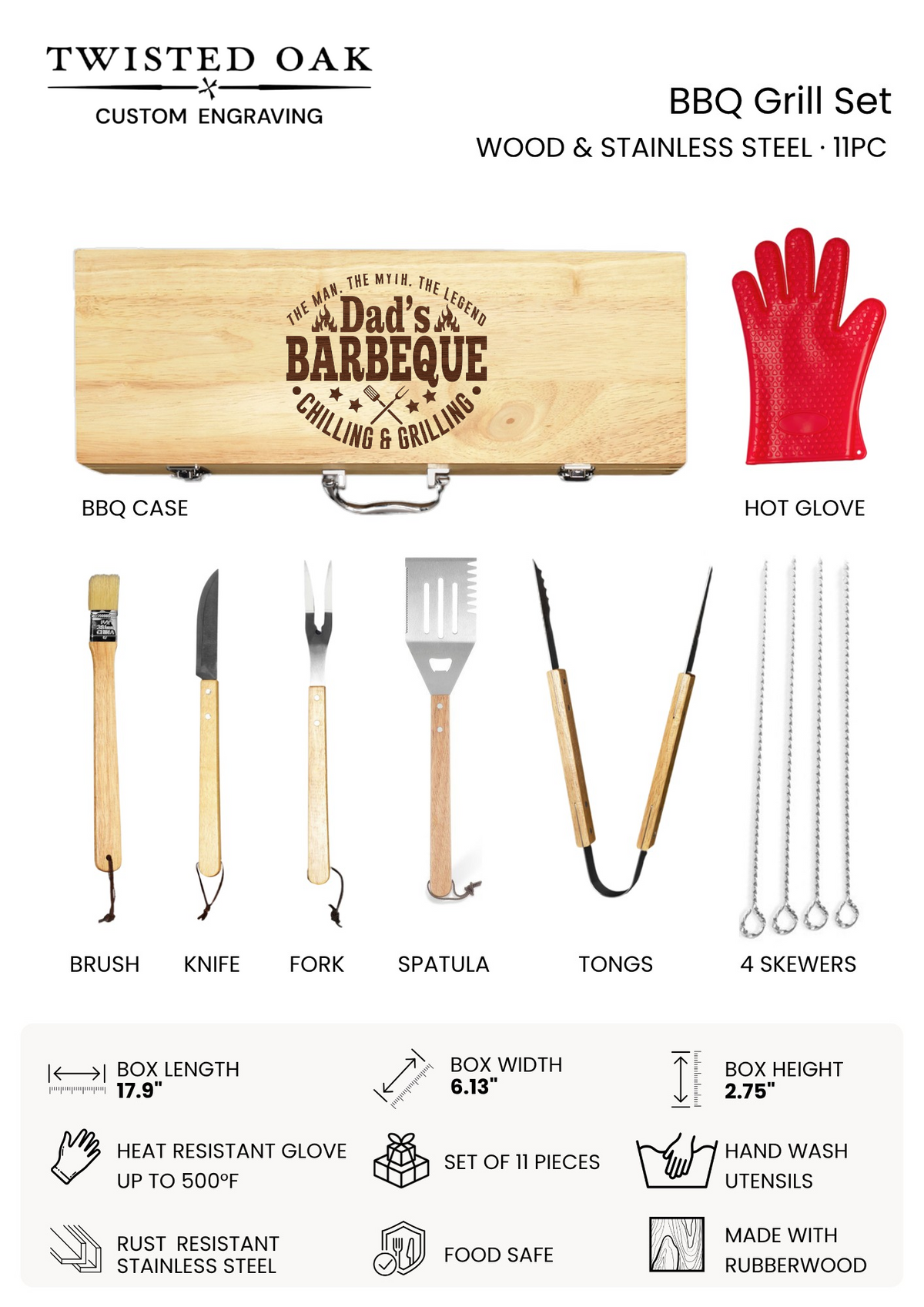 Personalized 11 Piece BBQ Grill Set with Wooden Case