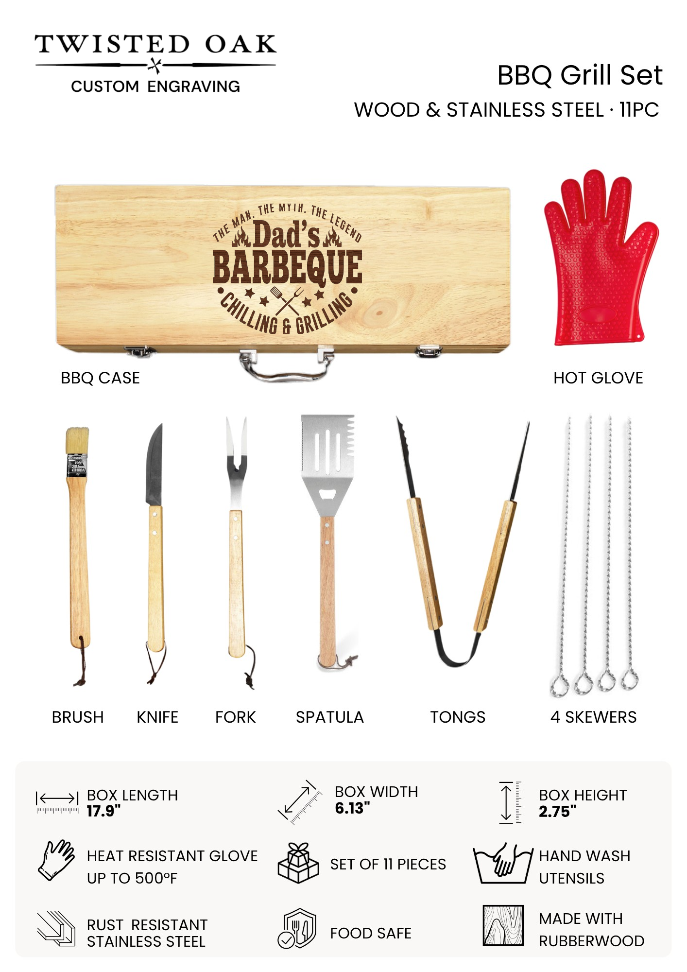 BBQ Grill Set – Wood & Stainless Steel · 11‑Piece Kit