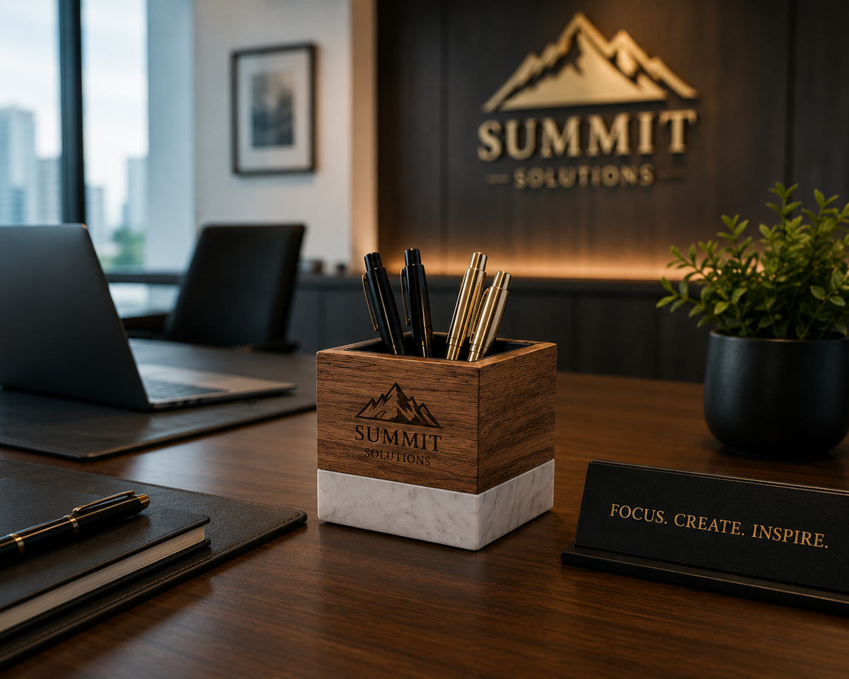 Personalized Marble & Acacia Pen Holder | Luxury Desk Organizer