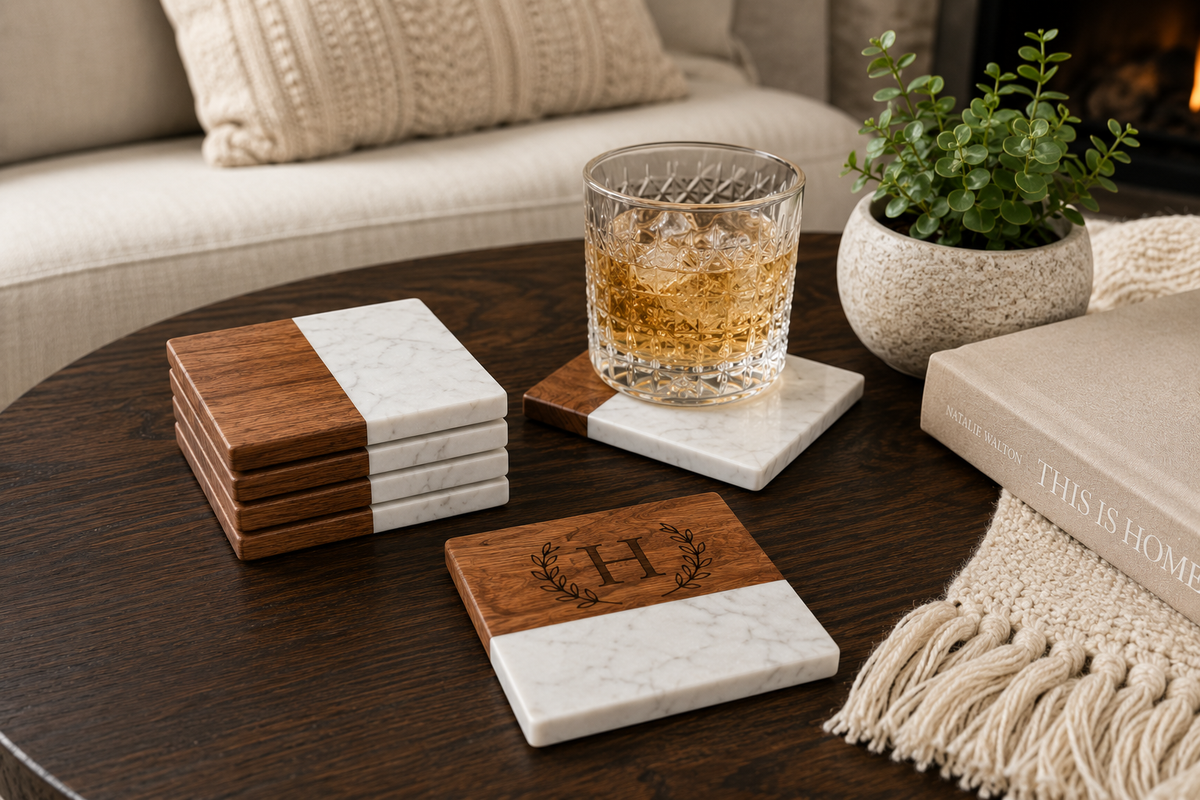 Marble & Acacia Coaster Set | Personalized Luxury Gift