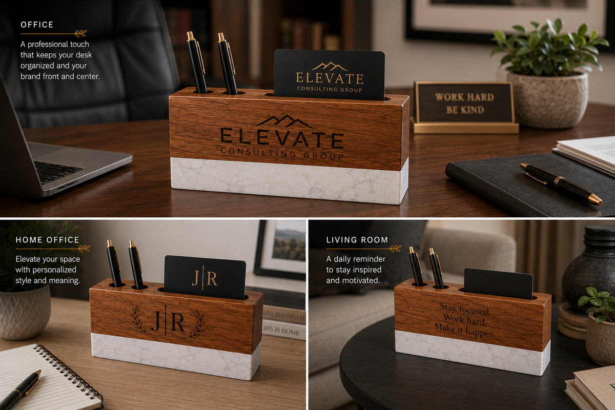 Personalized Marble & Acacia Desk Name Plate | Premium Office Gift