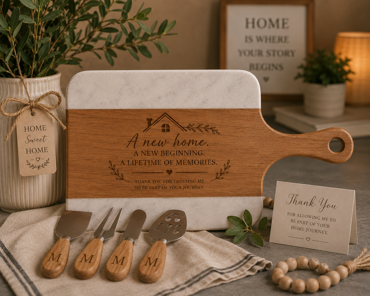 Personalized Marble & Acacia Serving Board | 5-Piece Set