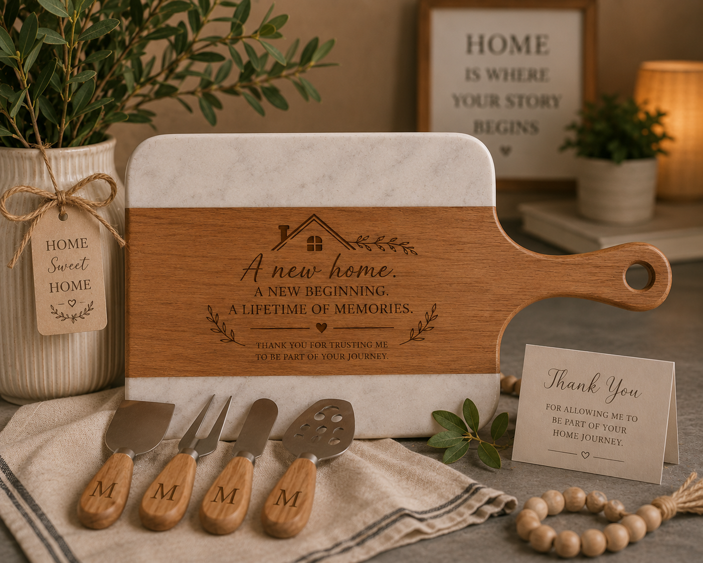 Marble & Acacia Wood Serving Board – 5‑Piece Gift Set
