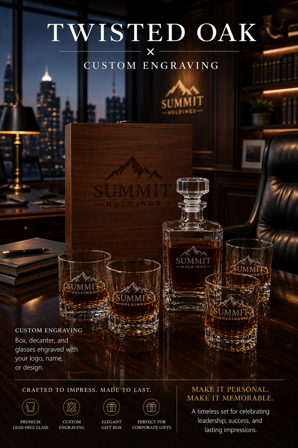 Wood Decanter and 4 Glass Box — XL Walnut · A Keepsake Worth Keeping