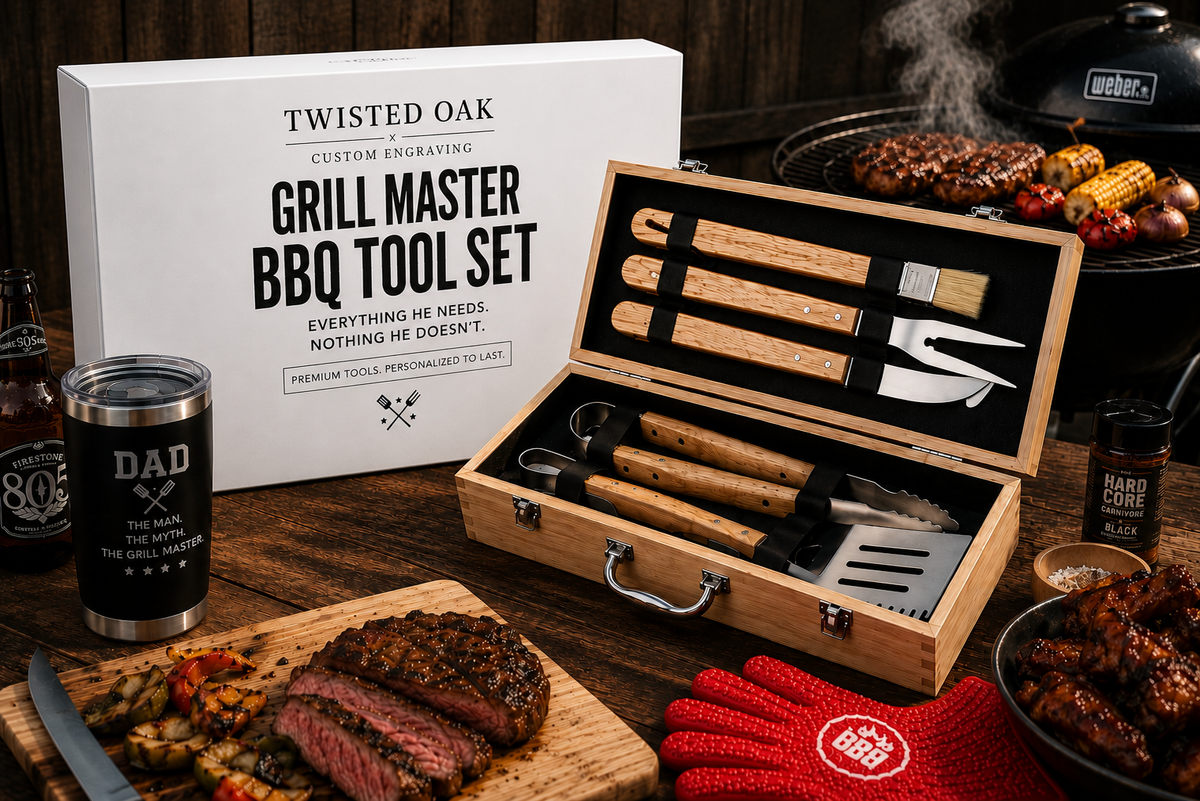 Personalized 11 Piece BBQ Grill Set with Wooden Case