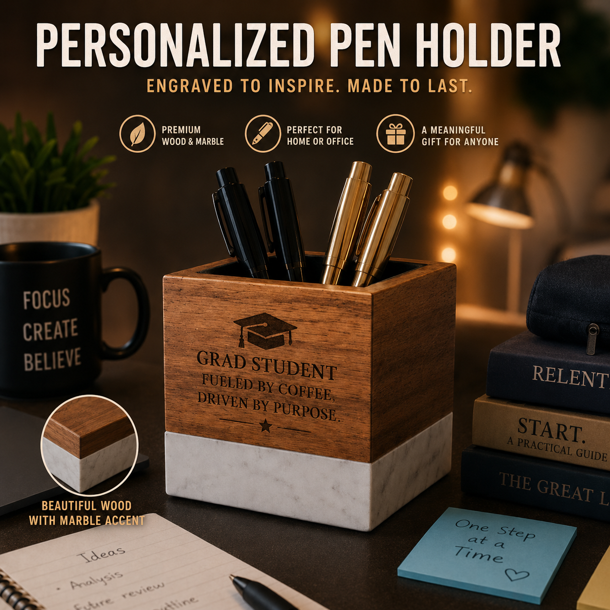 Personalized Marble & Acacia Pen Holder | Luxury Desk Organizer