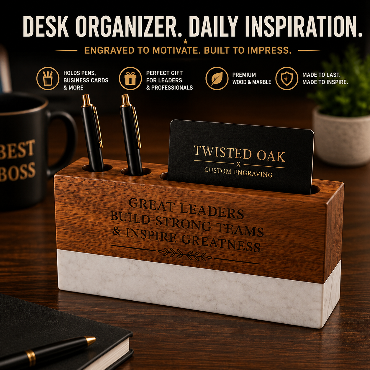 Personalized Marble & Acacia Desk Name Plate | Premium Office Gift
