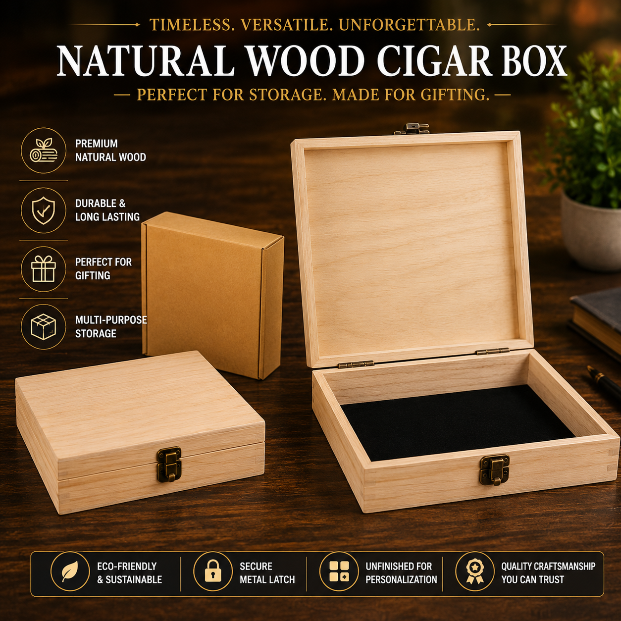 Wood Memory Box — Cigar · Dark Walnut · Multi‑Use Keepsake & Storage Box