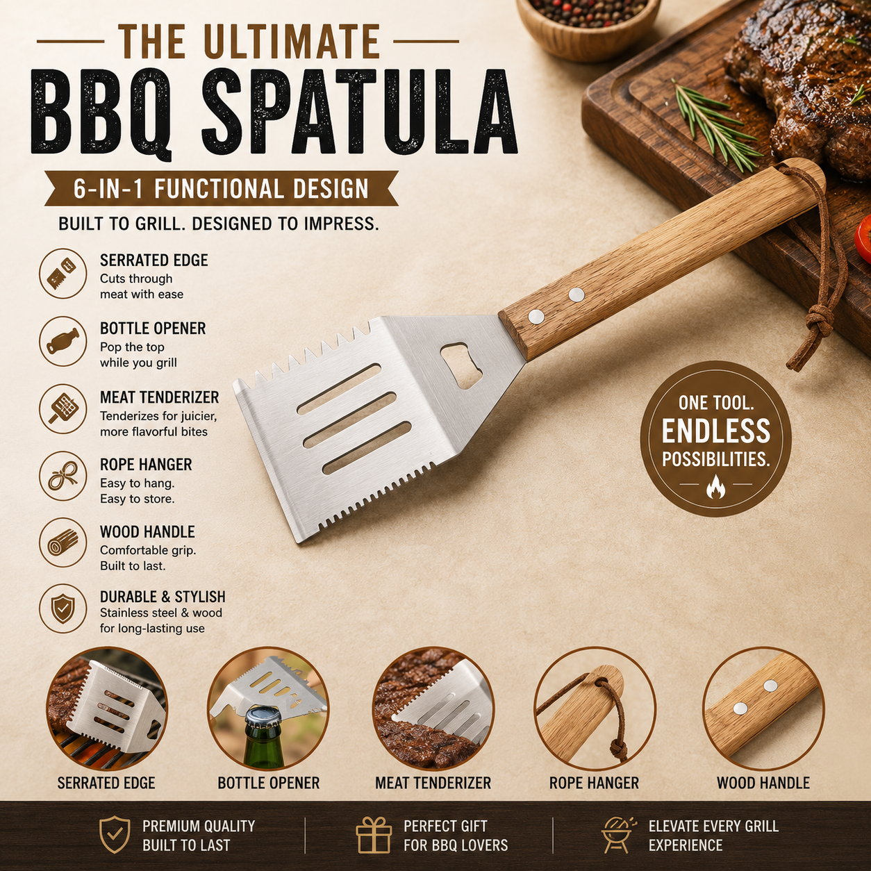 Wood & Stainless Steel Spatula — Multi‑Tool