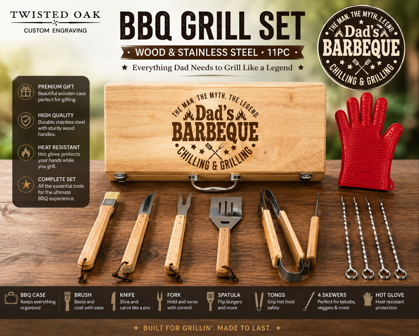 Personalized 11 Piece BBQ Grill Set with Wooden Case