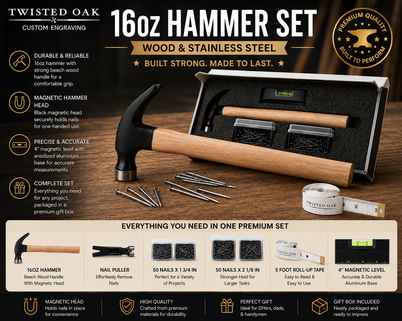 Personalized 16oz Hammer Set | Engraved Hammer & Tool Gift Box