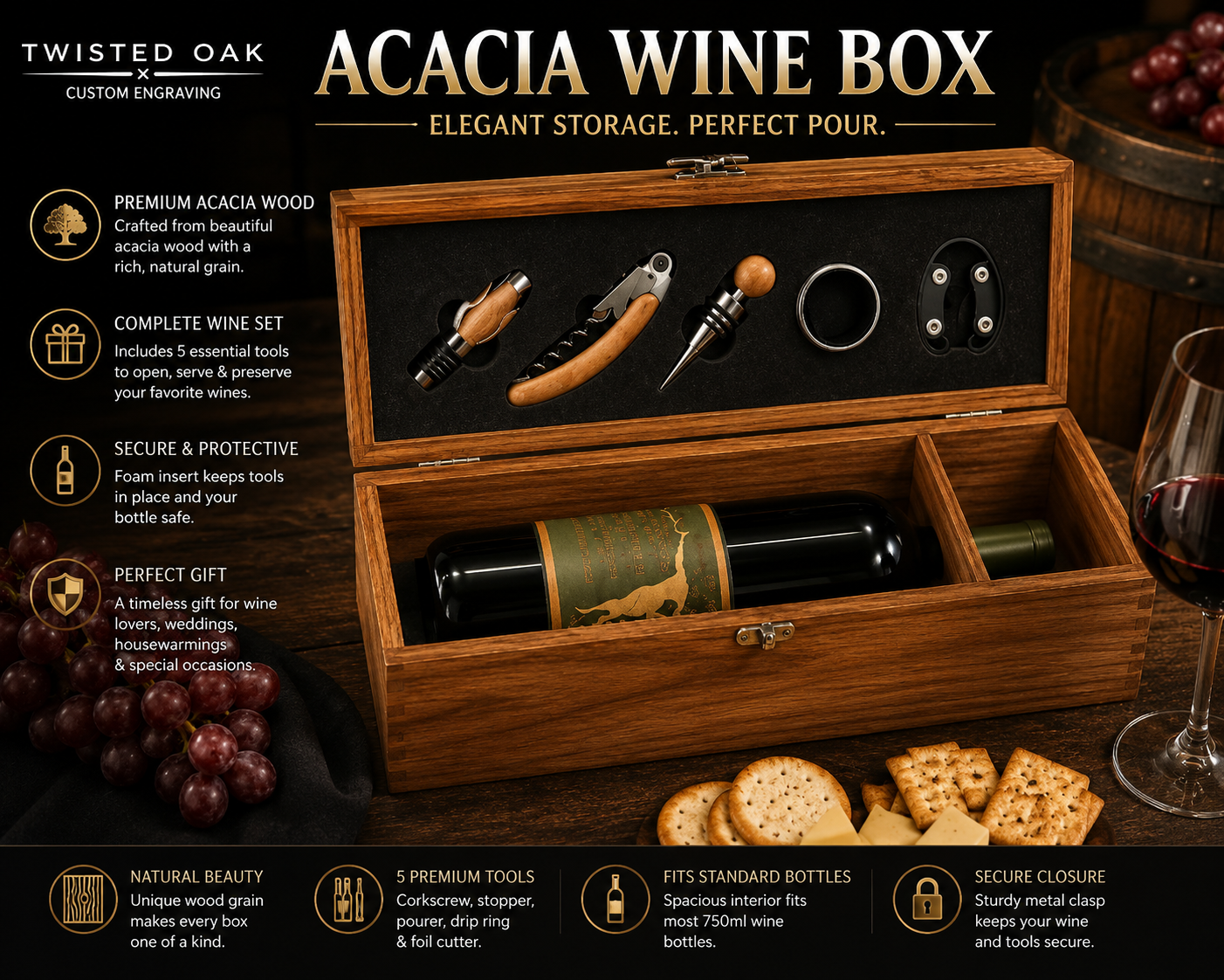 Personalized Acacia Wine Box Set | Premium Wine Gift