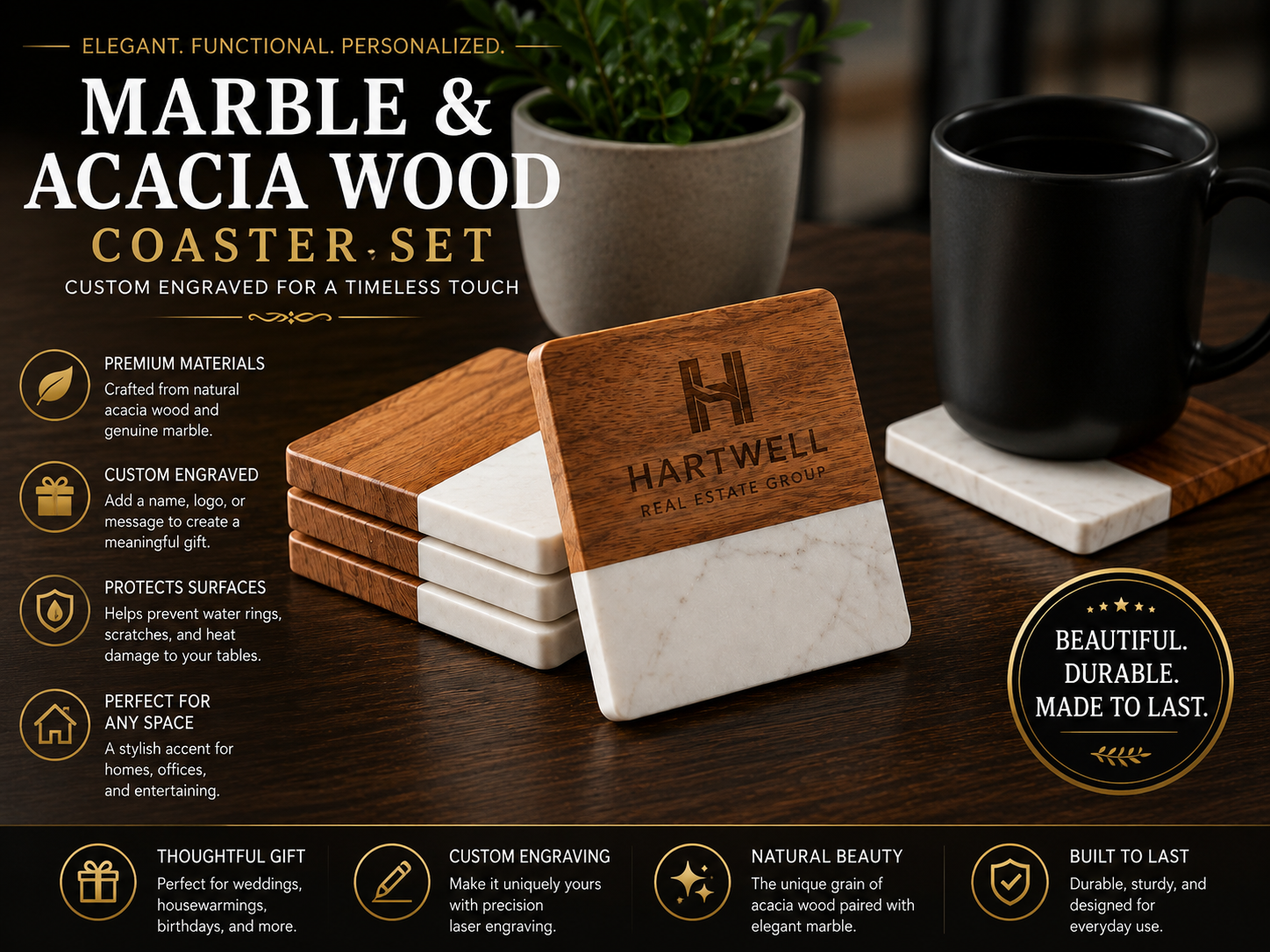 Marble & Acacia Coaster Set | Personalized Luxury Gift