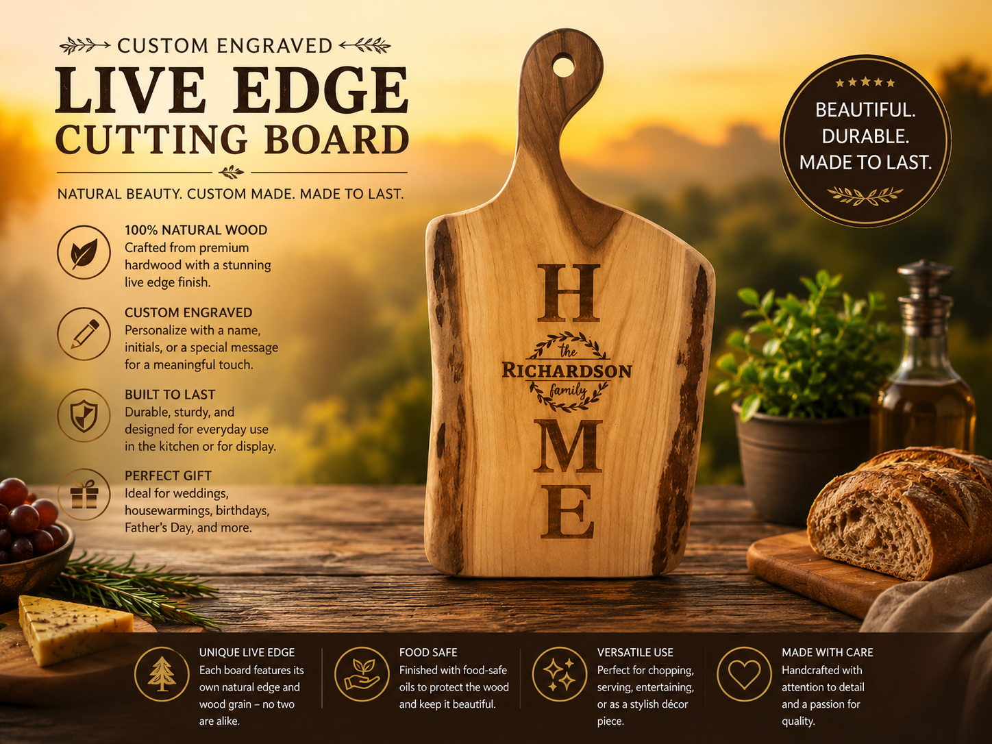 Personalized Live Edge Cutting Board | Rustic Kitchen Gift