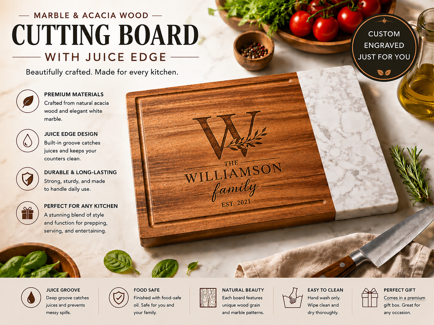 Personalized Marble & Acacia Cutting Board | Wedding & Housewarming Gift