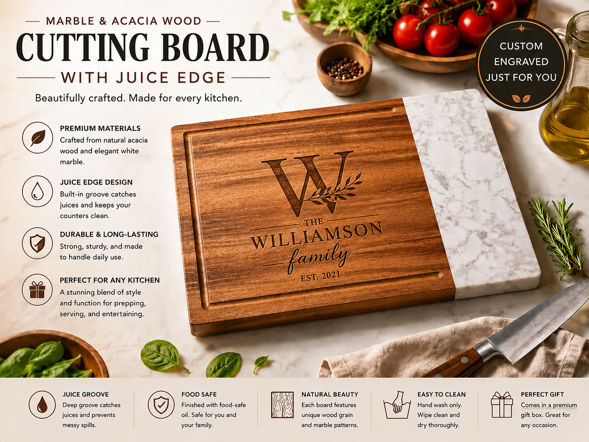 Personalized Marble & Acacia Cutting Board | Wedding & Housewarming Gift
