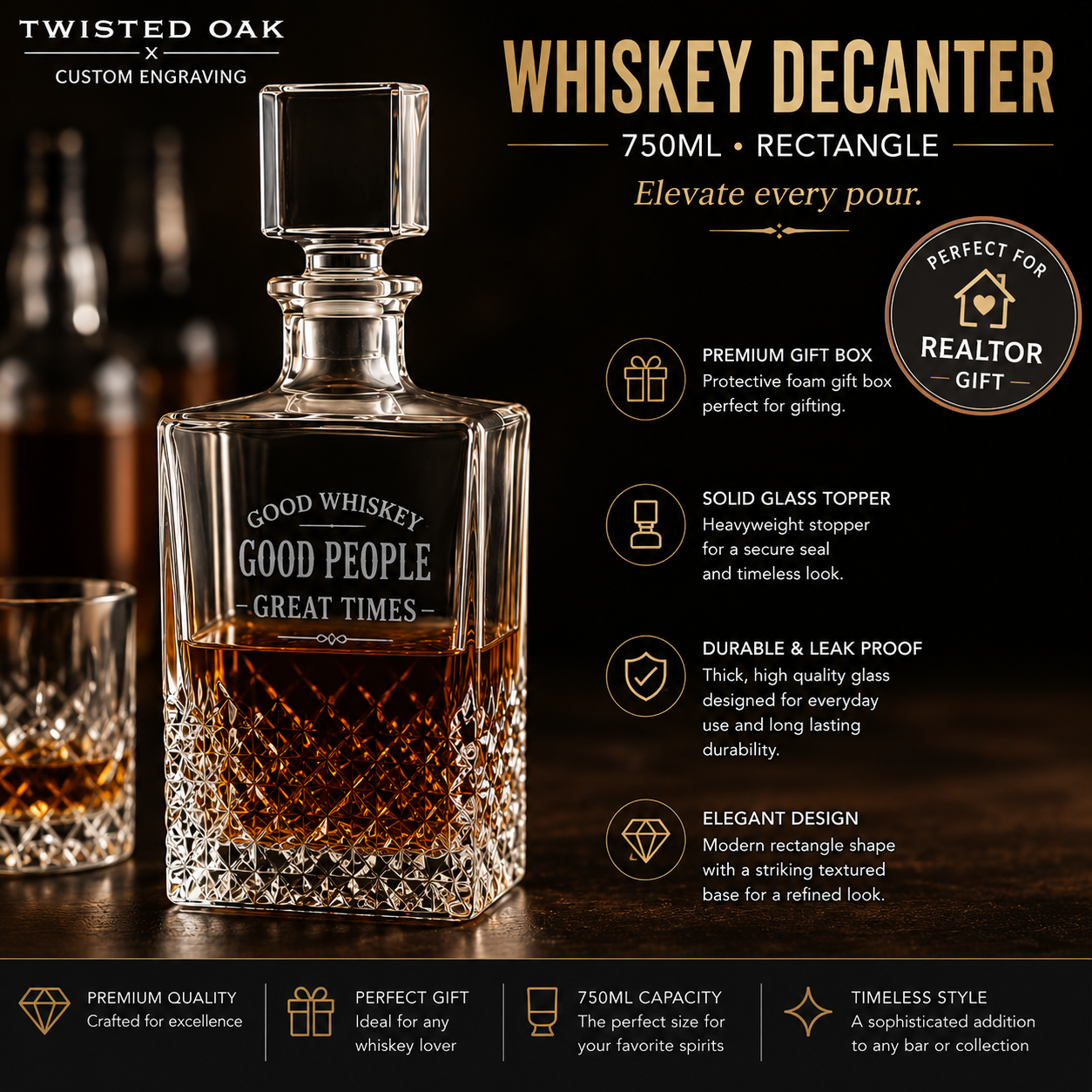 Personalized Rectangular Whiskey Decanter | 750ML Engraved Bourbon Gift
