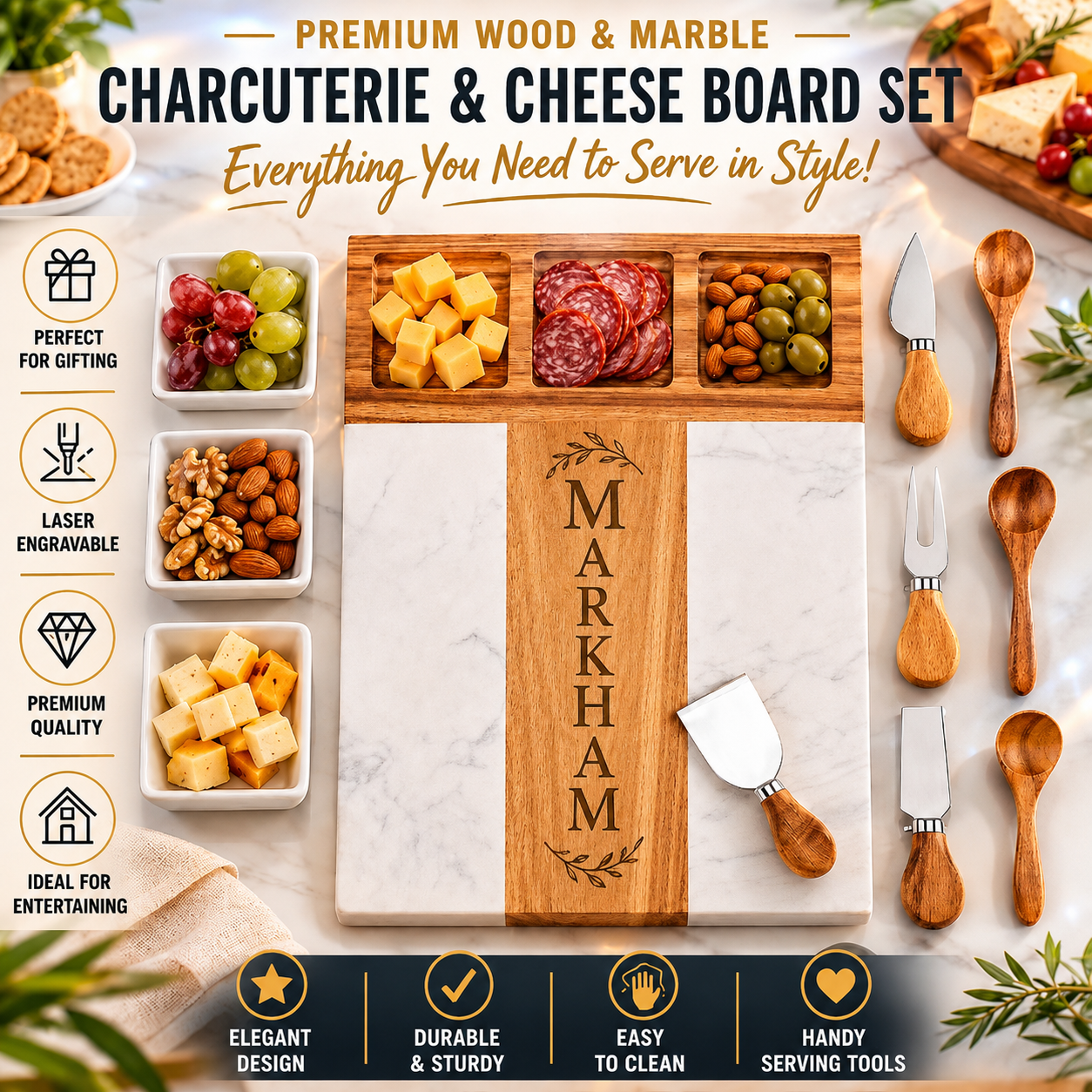 Personalized Marble & Acacia Charcuterie Set | Luxury Gift