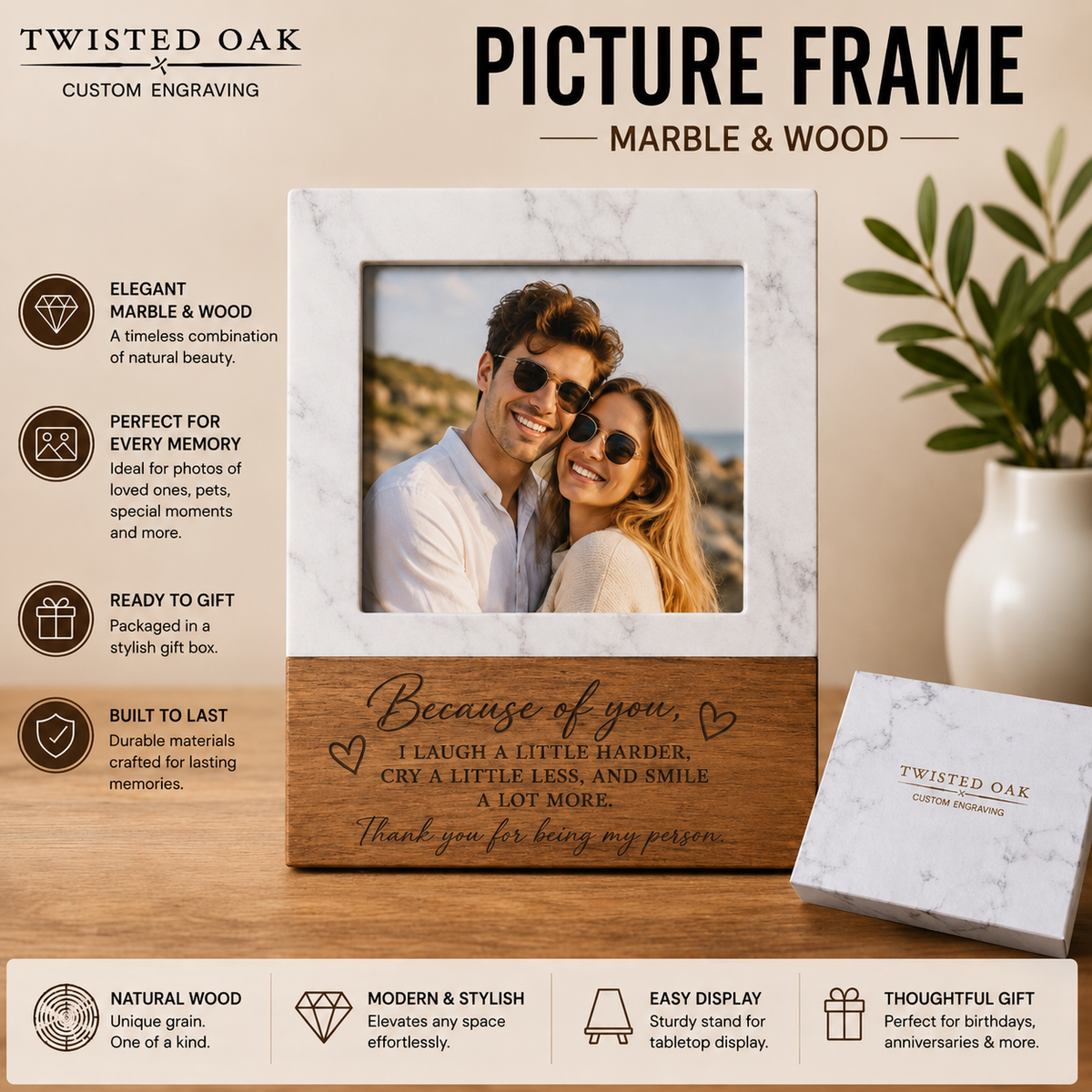 Personalized Marble & Acacia Picture Frame | Custom Gift