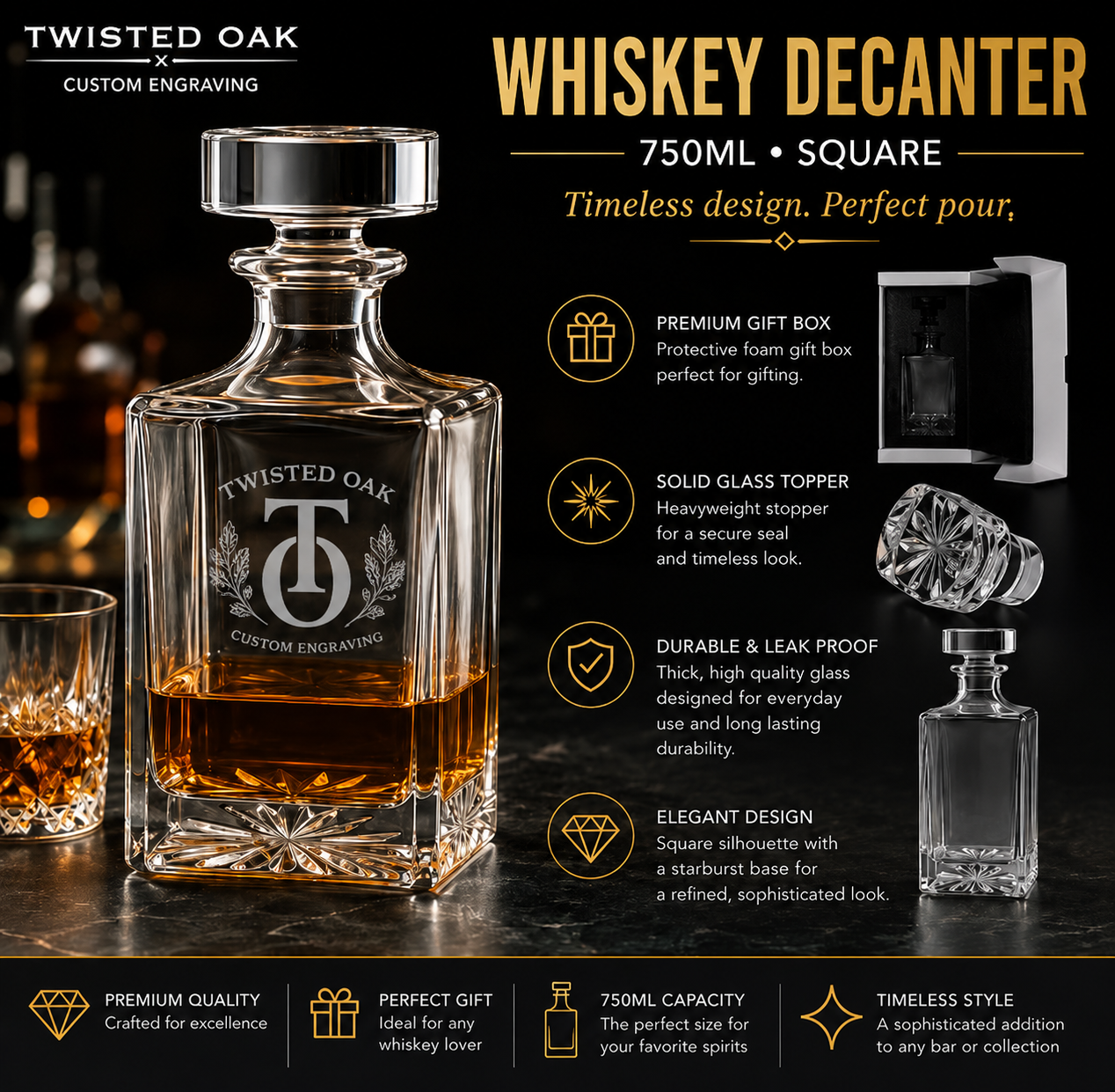 Personalized Square Whiskey Decanter | 750ML Engraved Gift