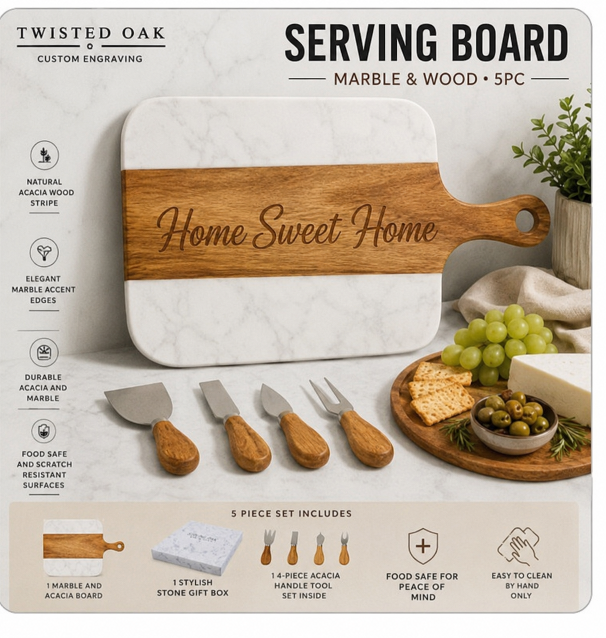 Personalized Marble & Acacia Serving Board | 5-Piece Set