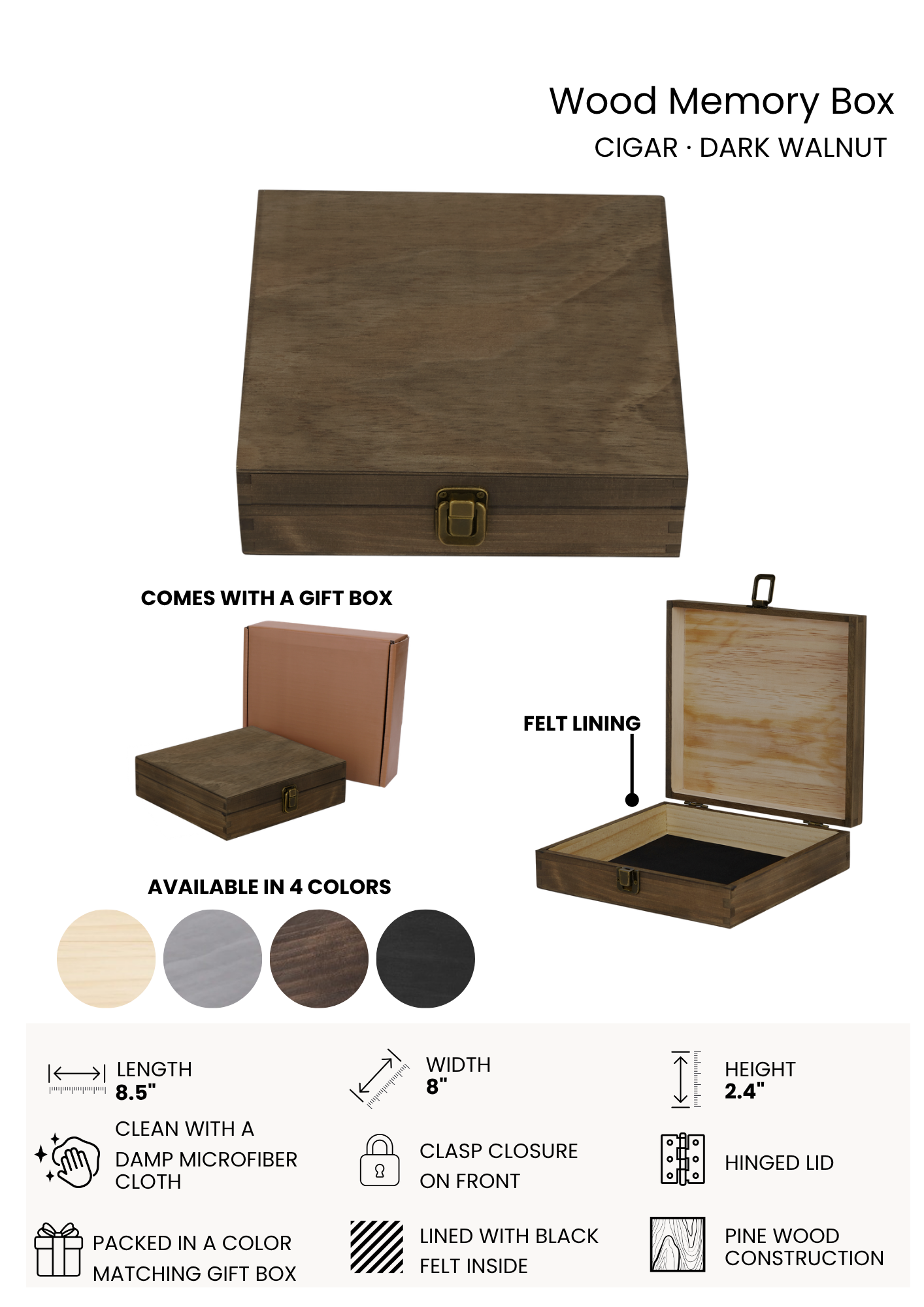 Wood Memory Box — Cigar · Dark Walnut · Multi‑Use Keepsake & Storage Box