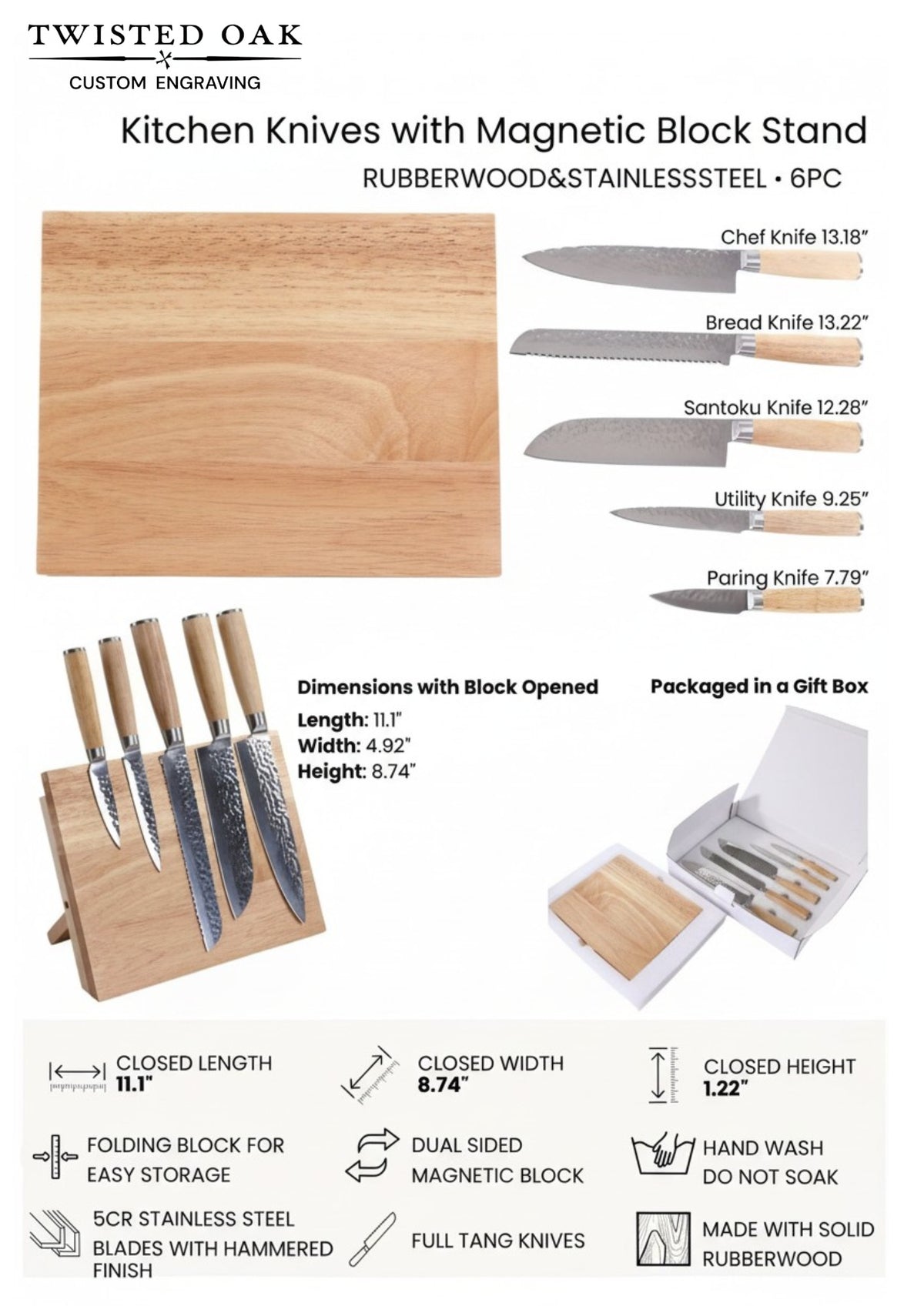 Personalized 6-Piece Kitchen Knife Set | Magnetic Folding Block