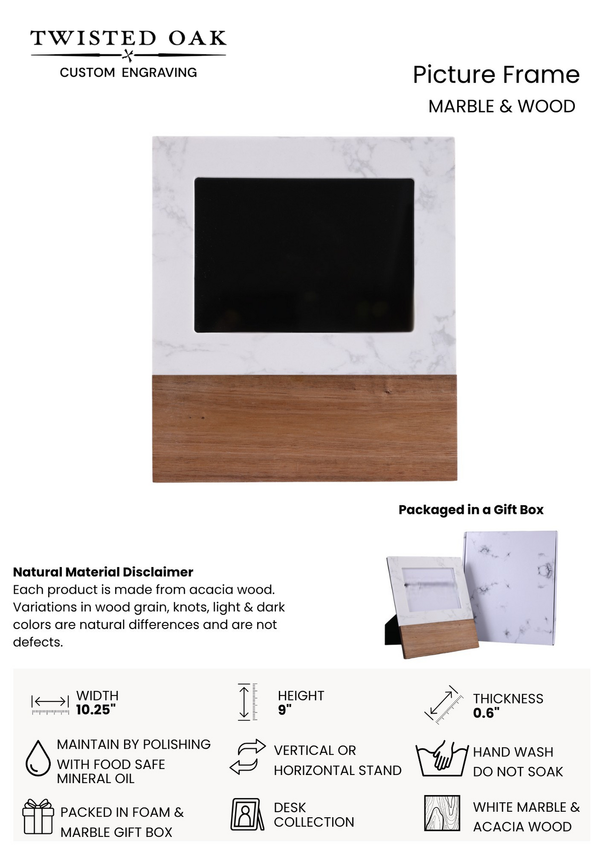 Personalized Marble & Acacia Picture Frame | Custom Gift