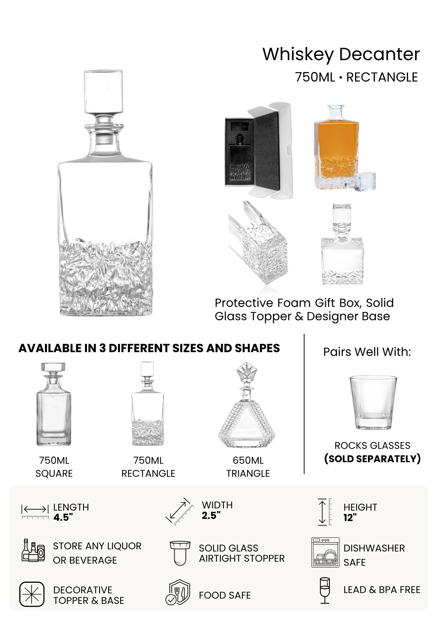 750ML Rectangle Whiskey Decanter – Modern, Engravable, and Built to Impress
