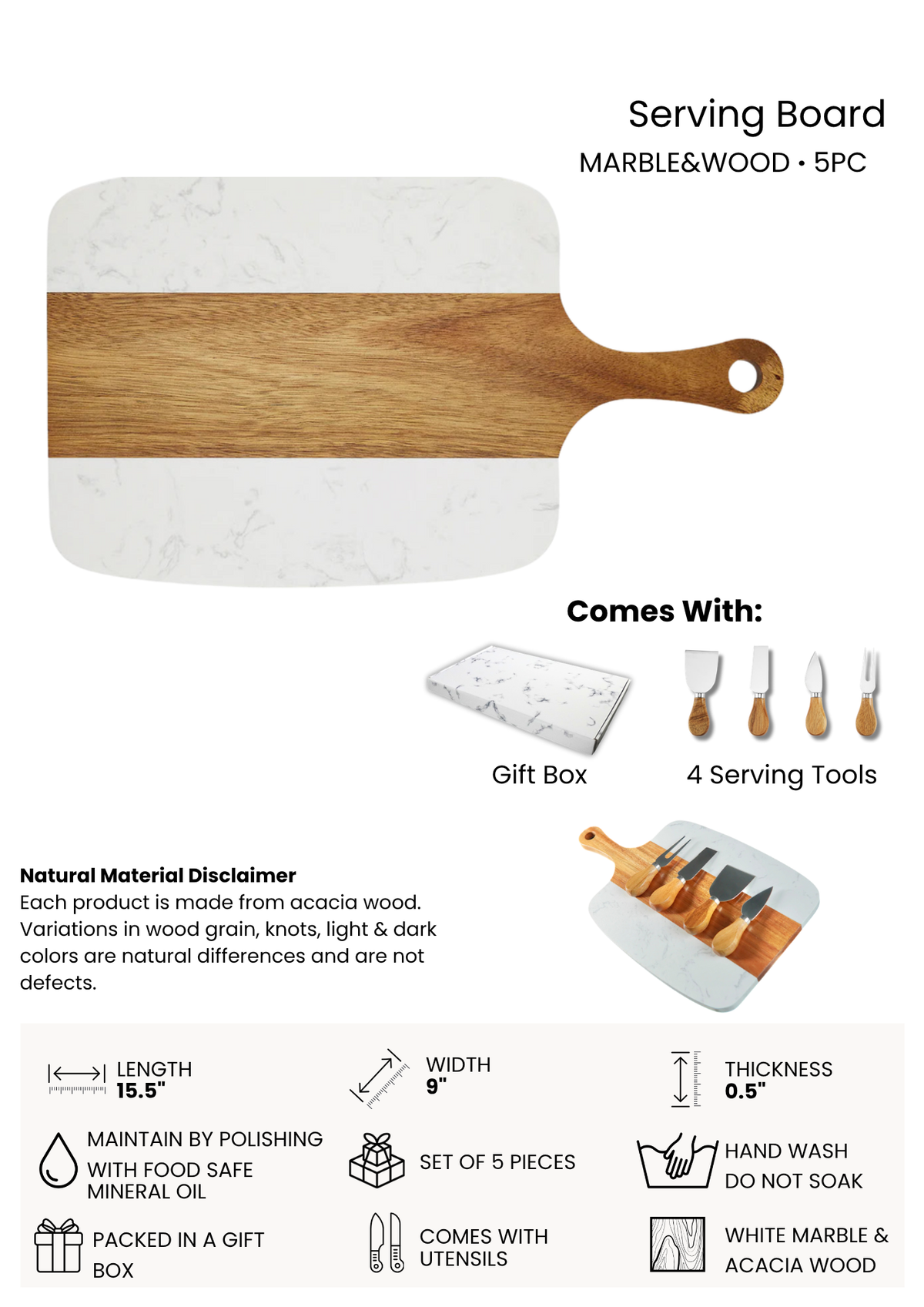 Personalized Marble & Acacia Serving Board | 5-Piece Set