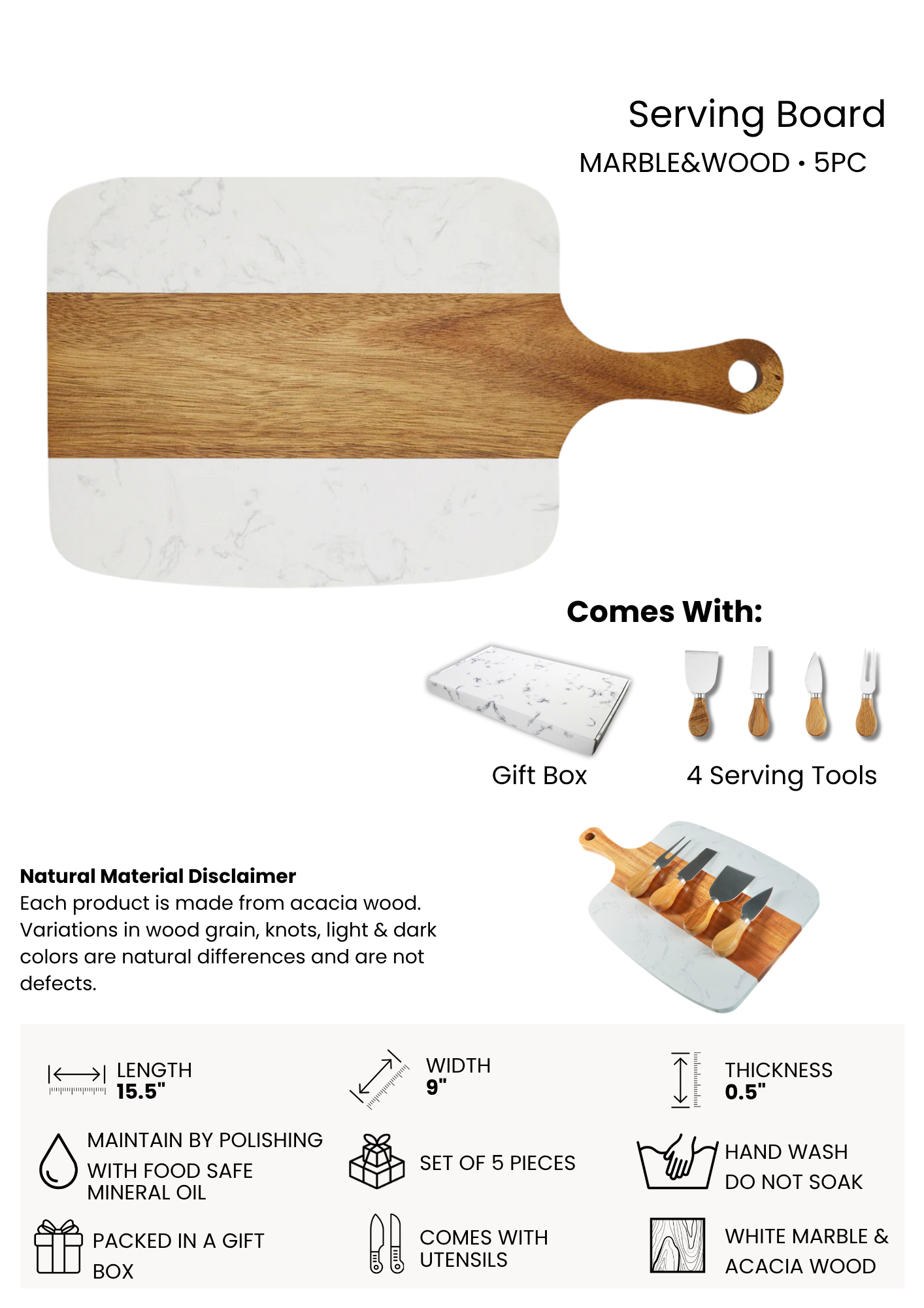 Marble & Acacia Wood Serving Board – 5‑Piece Gift Set