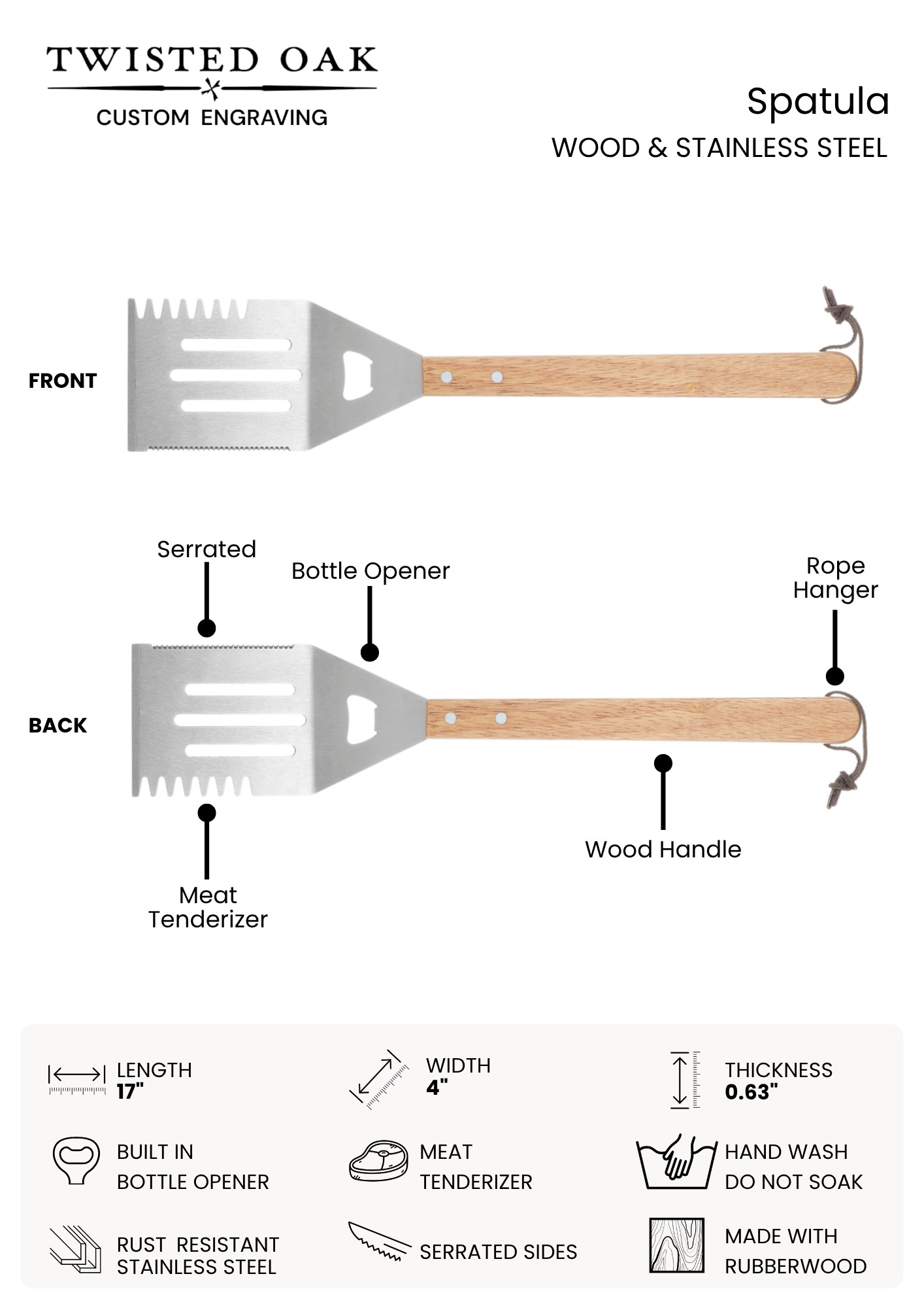 Wood & Stainless Steel Spatula — Multi‑Tool